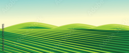 Vibrant, stylized illustration of rolling green hills and cultivated fields.