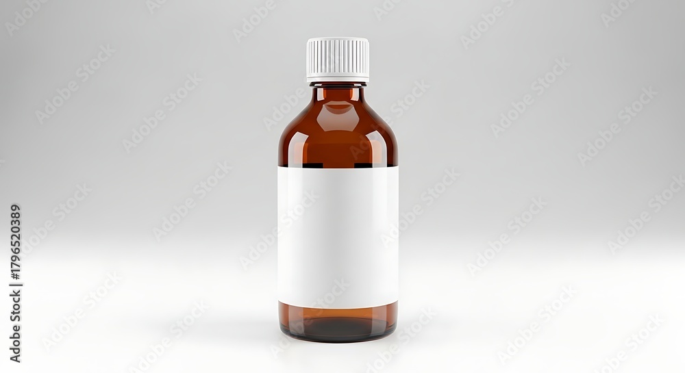 Obraz premium Amber glass medicine bottle with blank white label for product mockup design.