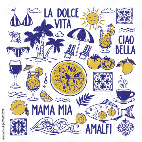 Italian or Greek Vacation Doodle Set – Hand-Drawn Chalk and Charcoal Sketch Elements in Grunge Summer Style