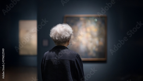 Senior woman observing abstract painting modern art gallery exhibition back view silhouette cultural leisure experience mockup