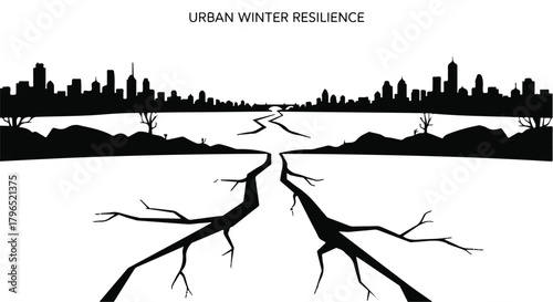 Cracked frozen landscape with distant cityscape silhouette