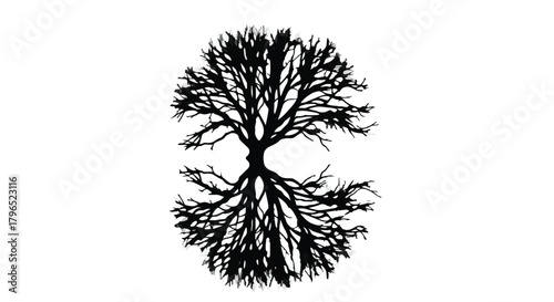 Symbolic silhouette of a tree with roots resembling a yin yang symbol, representing balance and nature.