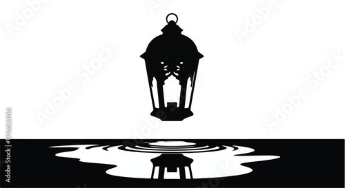 Silhouette of an ornate lantern casting a reflection on rippling water, symbolizing light and mystery.