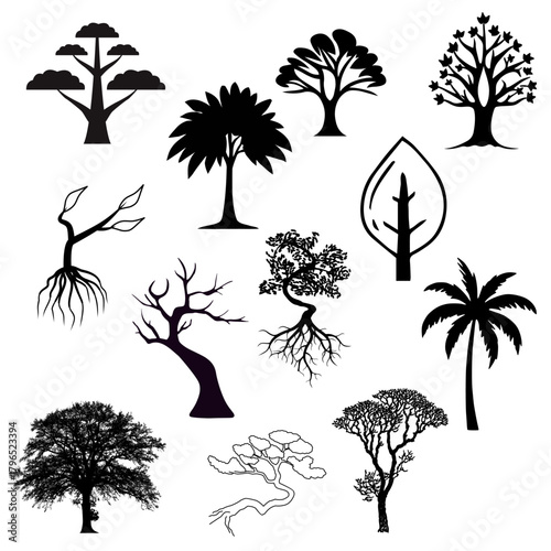 Different kinds of tree silhouettes showcasing various shapes and sizes, ideal for nature, landscape, and ecology-themed designs.