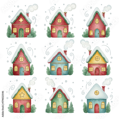 Colorful whimsical winter cottages with snow on rooftops, smoke rising from chimneys, set against a black background