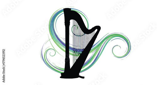 Elegant harp with flowing abstract waves of green and blue