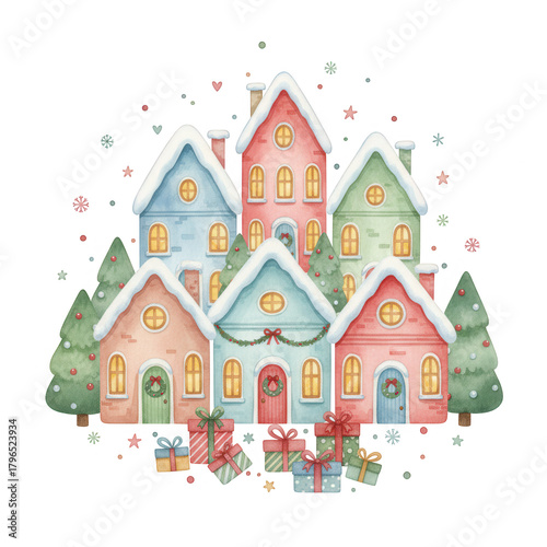 Charming winter scene with colorful houses, evergreen trees, and festive decorations, creating a cozy holiday atmosphere