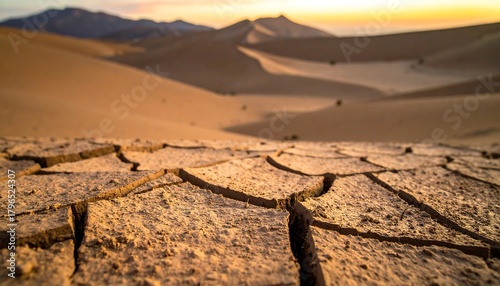 Fototapeta Naklejka Na Ścianę i Meble -  Close-up of cracked earth in a vast desert landscape with sand dunes and mountains under a warm, golden sky
