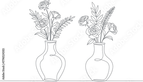 Two delicate line art vases filled with wildflowers on a white background