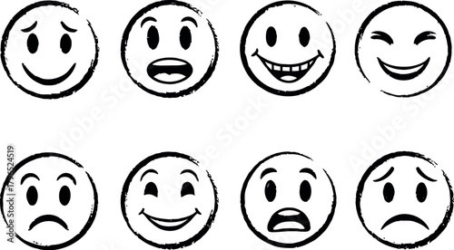 Collection of hand drawn smiley face emoticons expressing various emotions