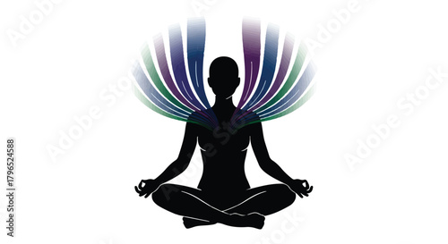 Silhouette of a person meditating with colorful energy radiating outwards
