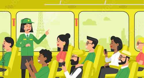 Tour guide speaking to passengers on bus with city skyline background  