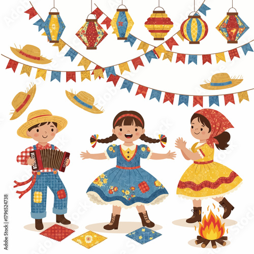 Vector illustration of adorable Brazilian children dancing in colorful outfits at a Festa Junina party