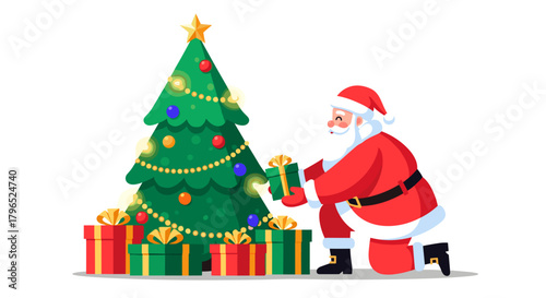 Santa Claus placing gifts by decorated Christmas tree  