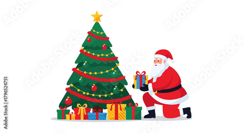 Santa Claus kneeling by decorated Christmas tree with gifts  