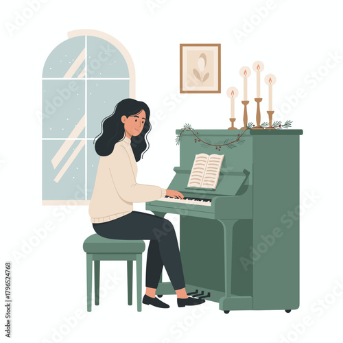 Woman playing piano at home with warm candlelight ambiance  