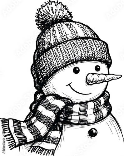 Charming hand drawn snowman wearing a cozy winter hat and scarf