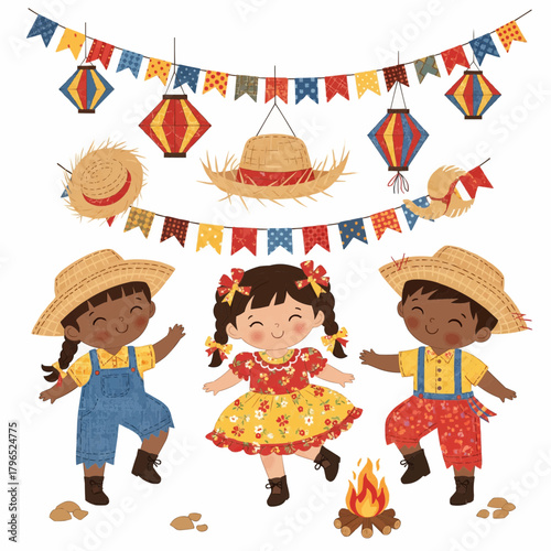 Vector illustration of adorable Brazilian children dancing in colorful outfits at a Festa Junina party