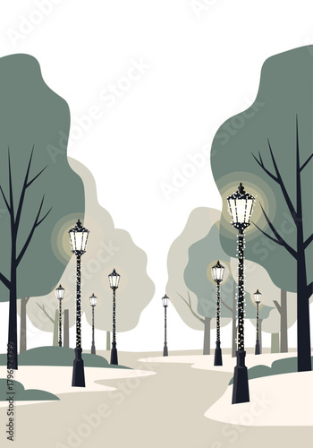 Park pathway with street lamps and trees in minimalist style  