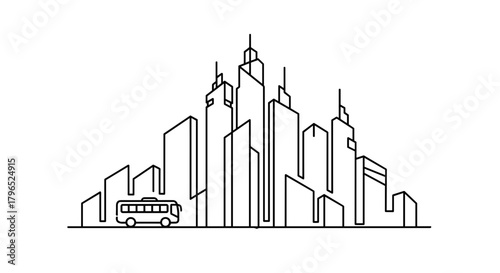 Line art city skyline with bus in minimalist design  