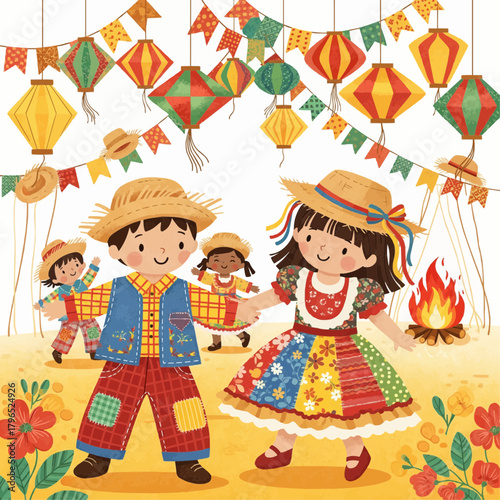 Vector illustration of adorable Brazilian children dancing in colorful outfits at a Festa Junina party