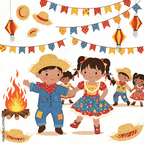 Vector illustration of adorable Brazilian children dancing in colorful outfits at a Festa Junina party