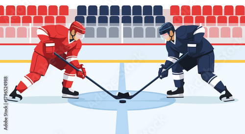 Two hockey players facing off at center ice in arena  