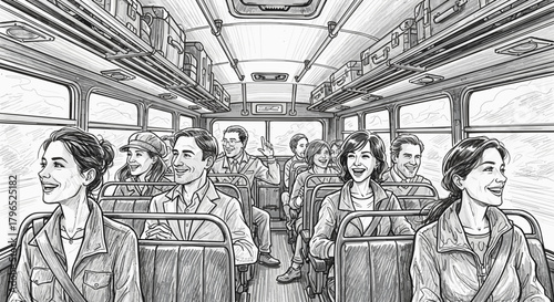 Group of happy people sitting on a bus smiling and socializing  