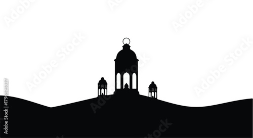 Intricate silhouette of ornate lanterns atop rolling hills under a vast sky