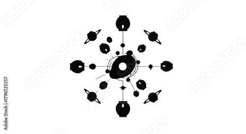 Intricate abstract radial pattern with a central eye-like element and orbiting shapes