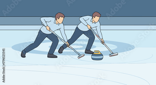 Two men curling on ice rink in competitive sports attire  