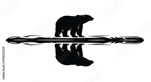 Silhouette of a bear standing on a reflective surface with its mirrored image below.