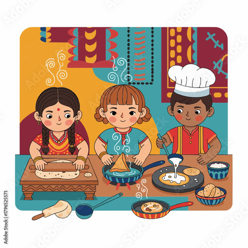 Cute Indian children cooking traditional foods