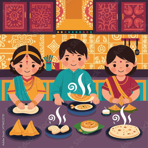 Cute Indian children cooking traditional foods