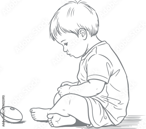 Tender sketch of a young child playing with a small ball