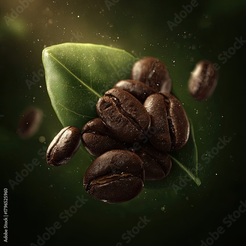 Roasted coffee beans piled on vibrant green leaf, floating in air