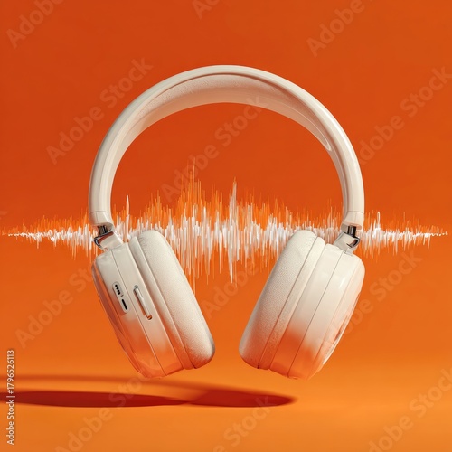 Cream headphones float before audio waveform, orange backdrop