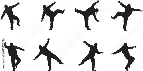 Dynamic human silhouettes, expressive poses, motion art, black vector icons, dance gesture, physical movement, white background, balance and energy
