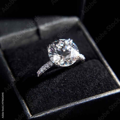 Sparkling diamond ring in velvet box, close-up shot