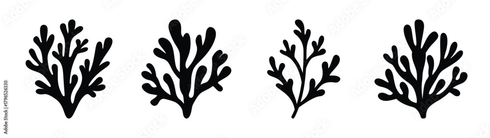 Obraz premium Set of four stylized black seaweed silhouettes decorative marine plant graphics