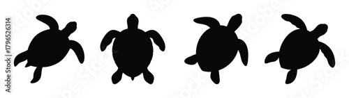 Four black silhouette sea turtles swimming ocean wildlife animal motion underwater creatures