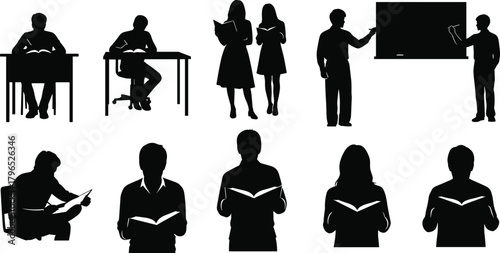 Education silhouette set, reading and teaching icons, black vector designs, chalkboard scenes, study poses, academic learning environment graphics