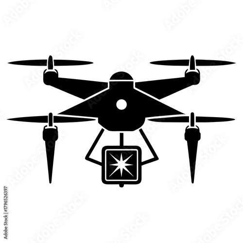 Black silhouette of a quadcopter drone with a camera gimbal isolated on white background