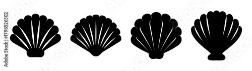 Four detailed black seashell silhouettes various shapes elegant marine life forms
