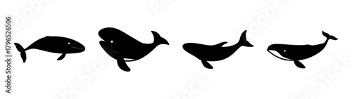 Four silhouetted whales and a fish swimming underwater with bubbles artistic style