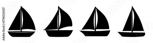 Four distinct sailboats silhouetted against a white canvas for marine recreation concepts