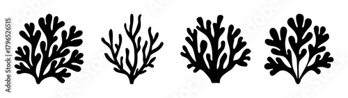 Collection of four stylized black seaweed silhouettes ocean plant forms