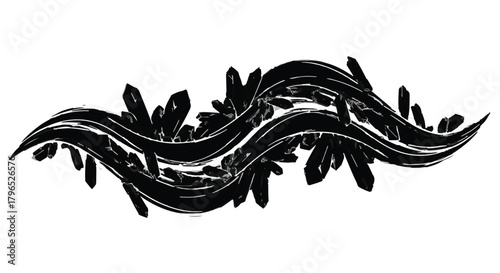Abstract flowing black ink waves with crystalline formations, artistic and organic design