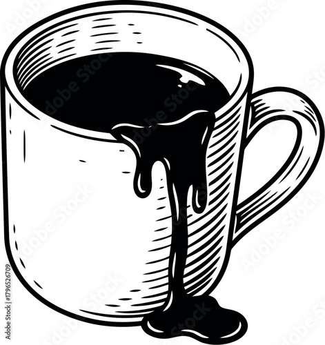 Black coffee spilling over the edge of a white mug