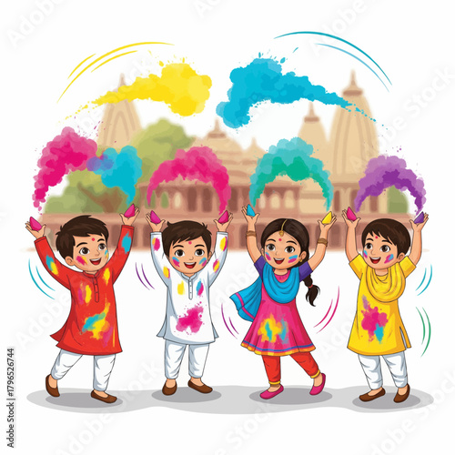 Vector illustration of cute Indian children playing Holi, throwing colorful powders in the air
